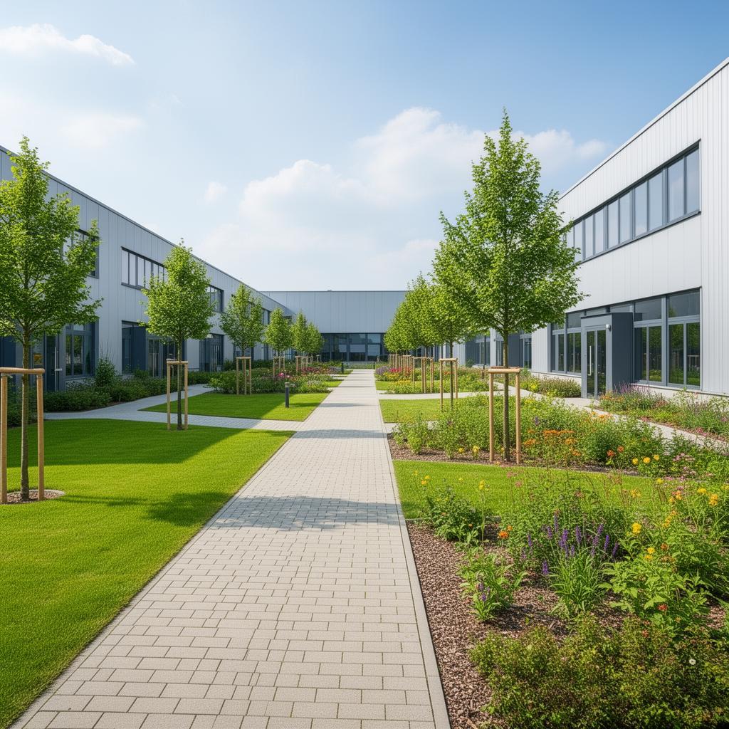 Gepflegtes Industriegelände mit Grünanlagen