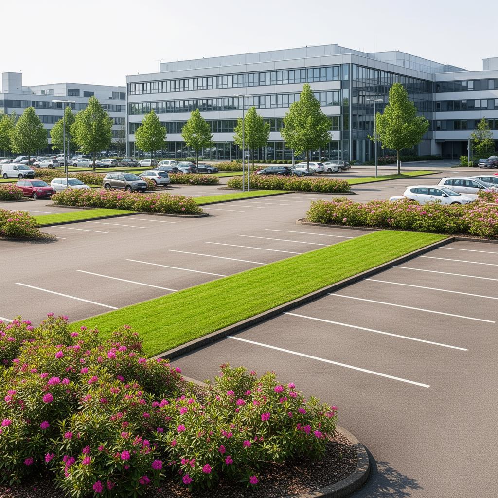 Gewerblicher Parkplatz mit gepflegten Grünstreifen