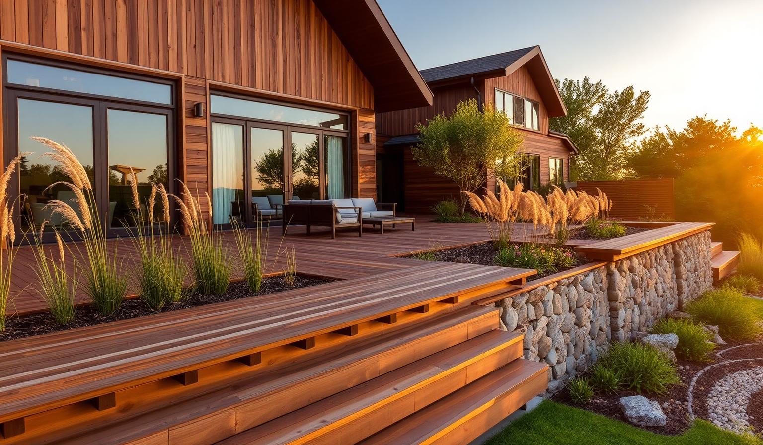 Holzterrasse mit Natursteinmauer im Abendlicht
