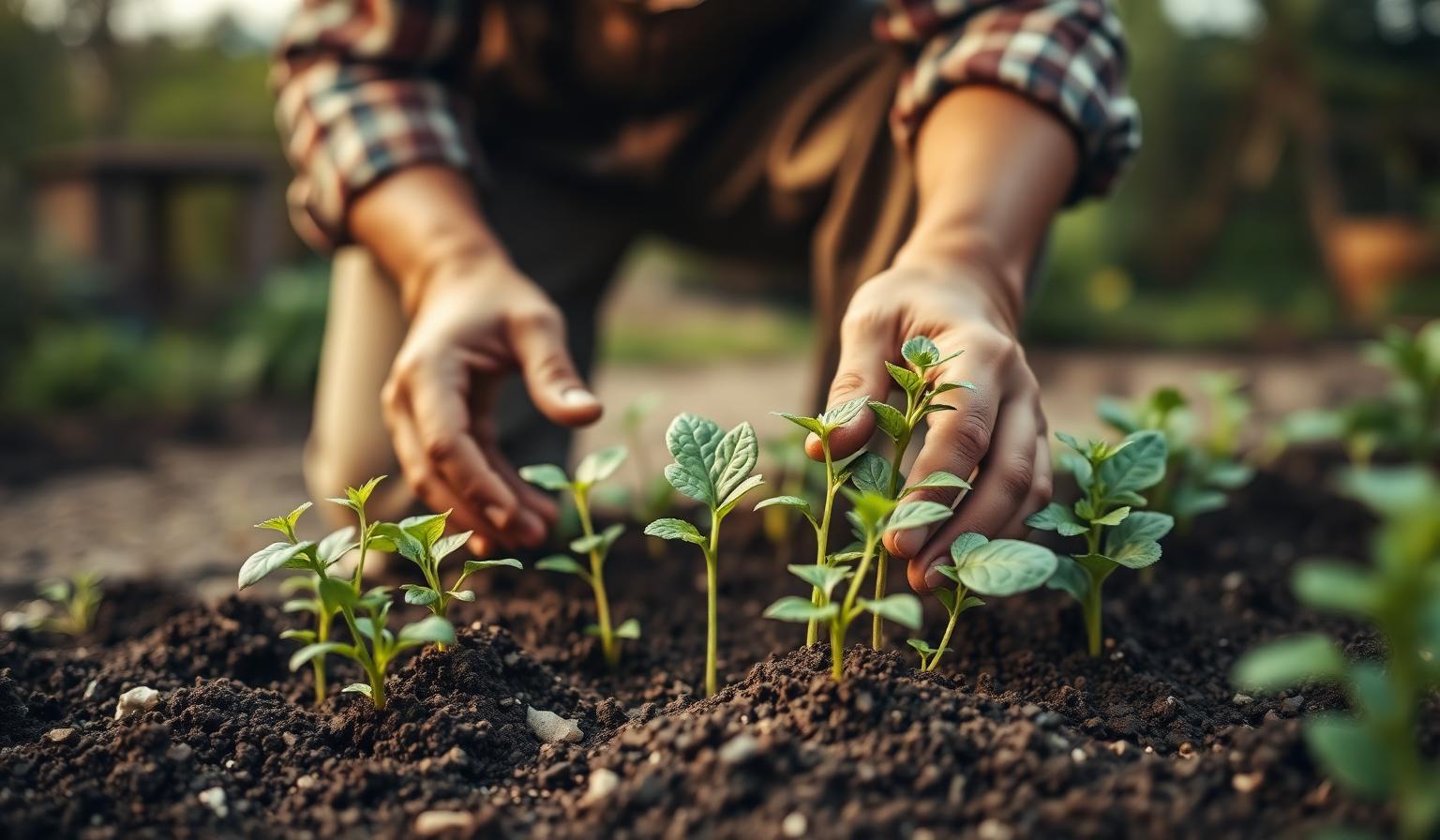 Hände bei der Gartenarbeit mit jungen Pflanzen